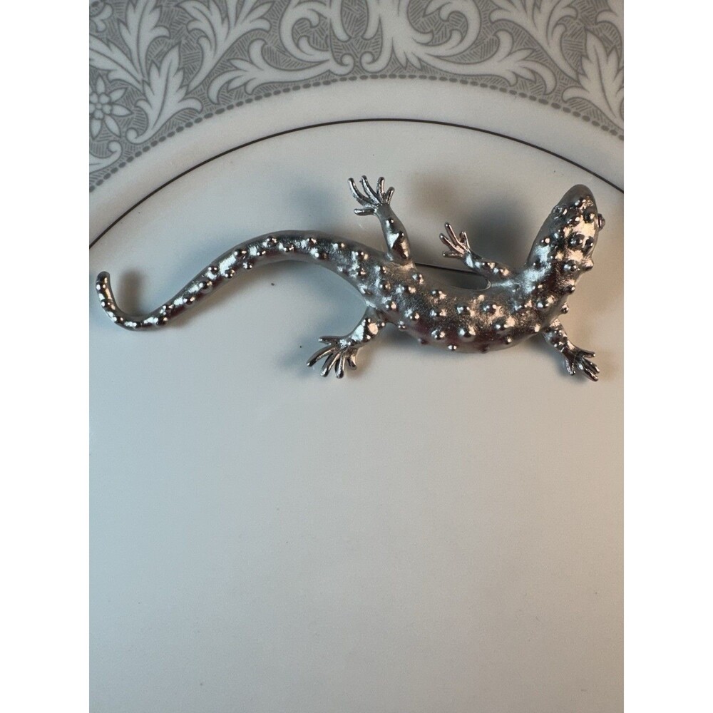 Vintage Brooch Lot Silvertone Lizard & Spanish Damascene Bird Pin